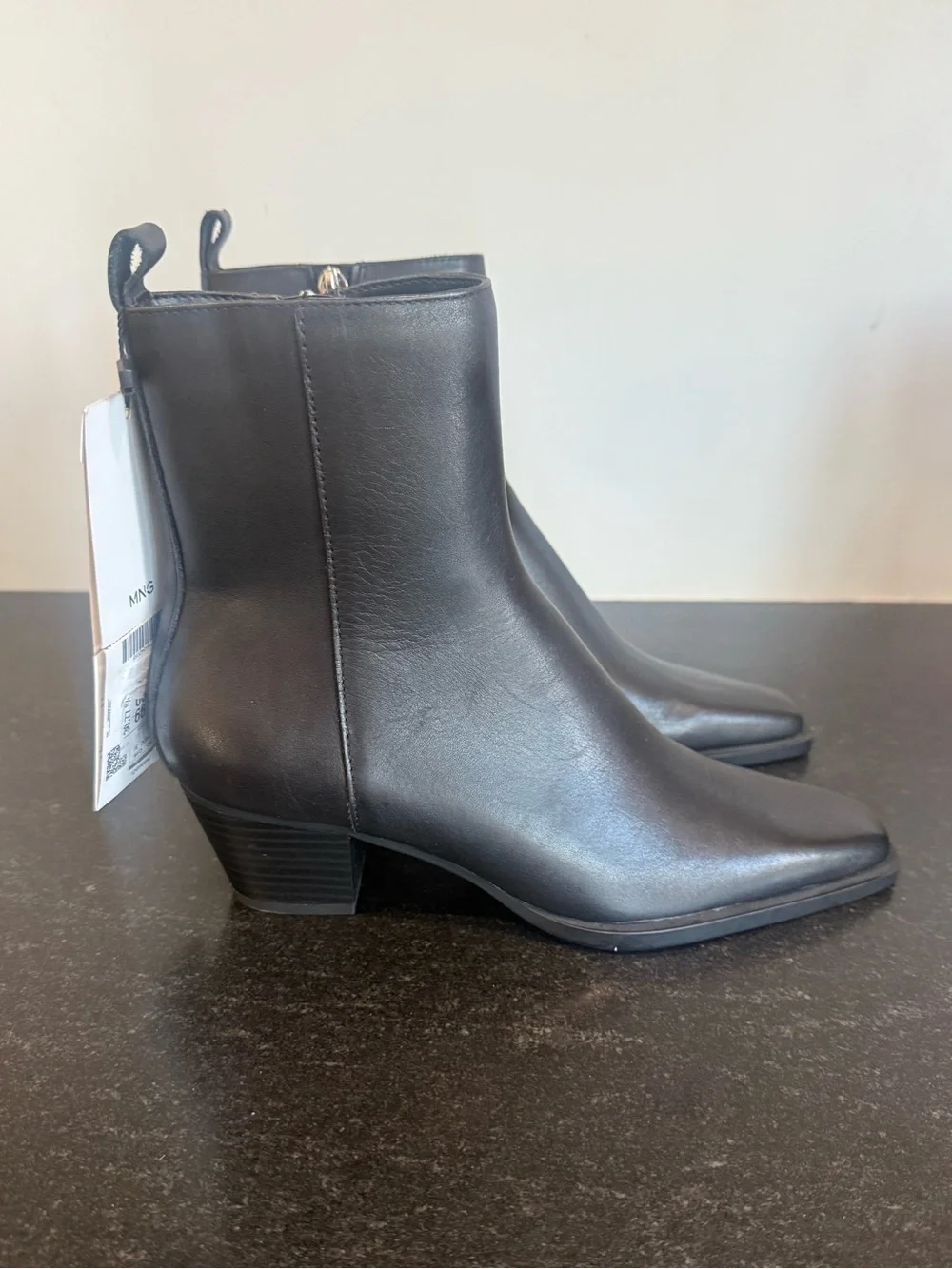 Mango Black Leather Square Toe Ankle Boots  BLOCK HEEL US 6 Euro 36 new